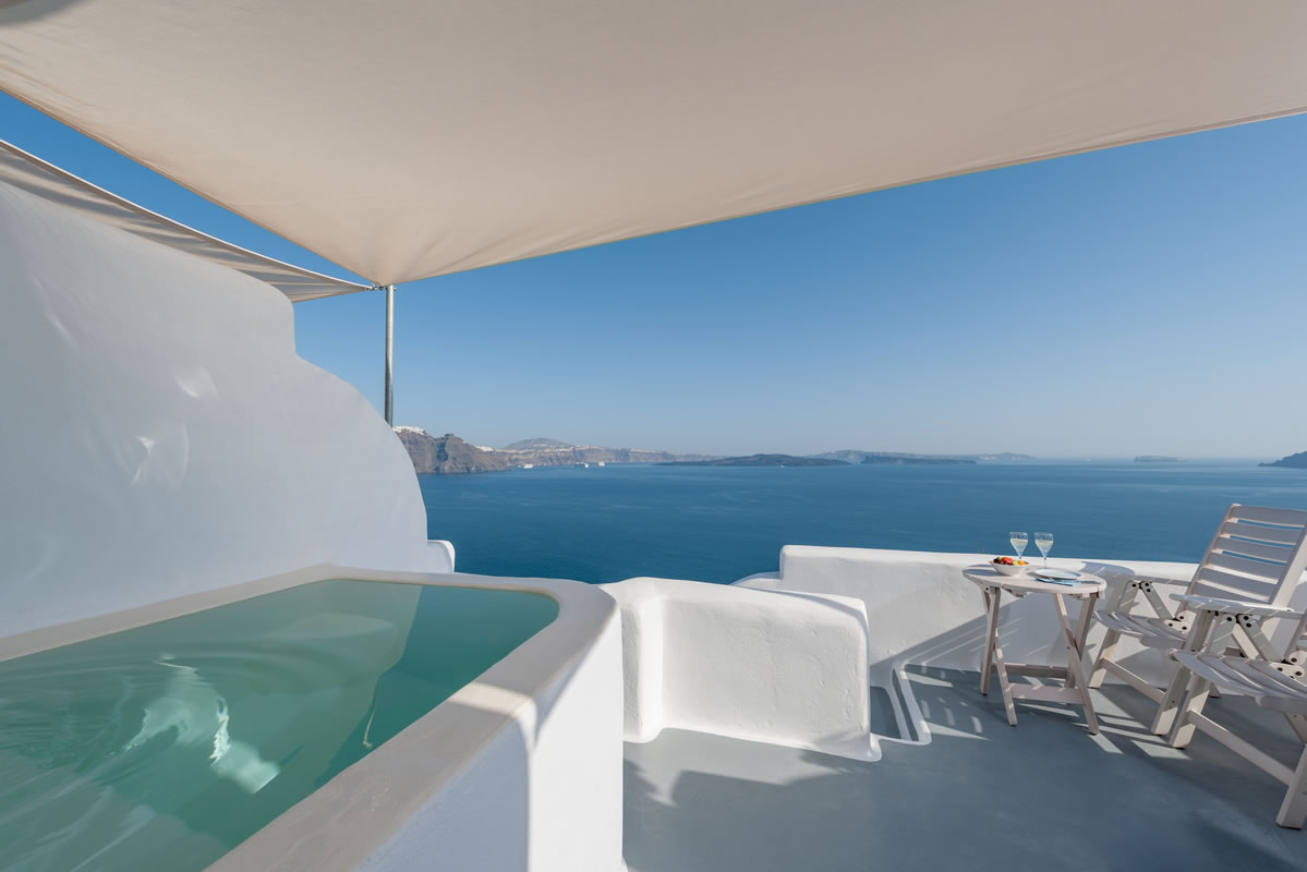 The private balcony of the Thirea superior suite in Santorini