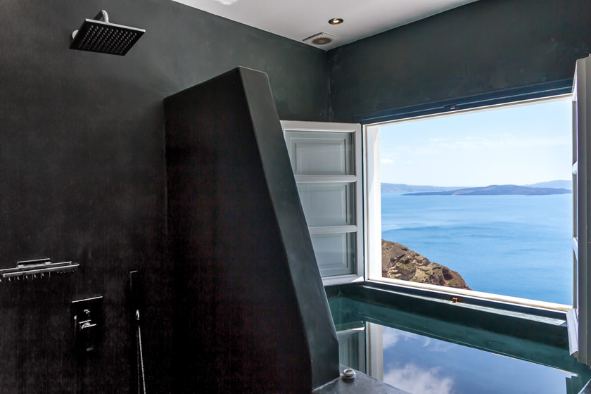 Thirea Superior Studio Santorini – Sea view from the bathroom