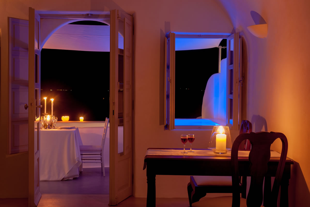 The private balcony of the Thirea superior suite in Santorini